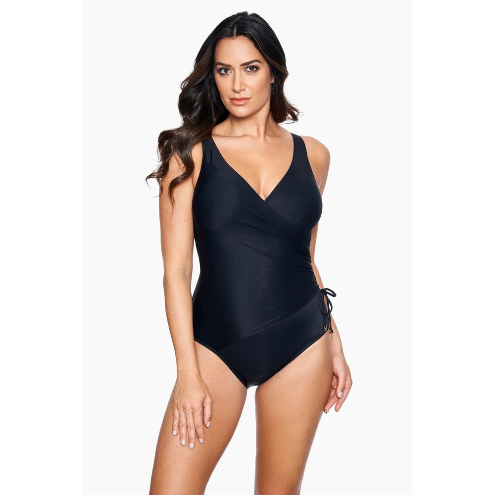 Miraclesuit Eclat One Piece Swimsuit Black Slimming Surplice Tunic Size 16 NEW